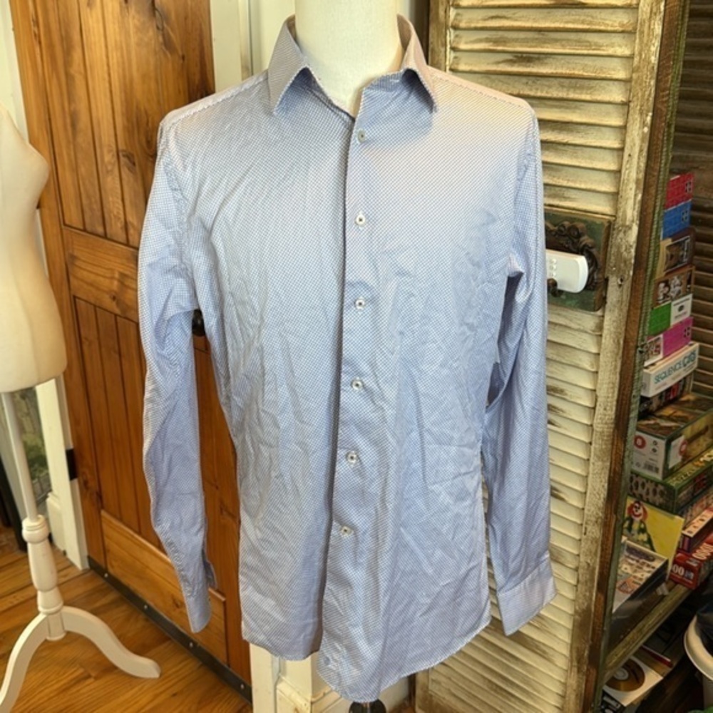 NWT David Donahue Blue Patterned button down shirt size 16.5 36/37